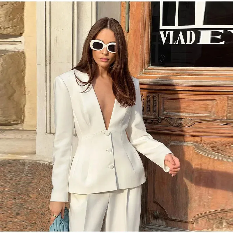 Girlary Women White 2 Pieces Set Deep V-neck Single Breasted Blazer Coat High Waist Pants Female Chic 2024 Autumn Office Lady Outfits