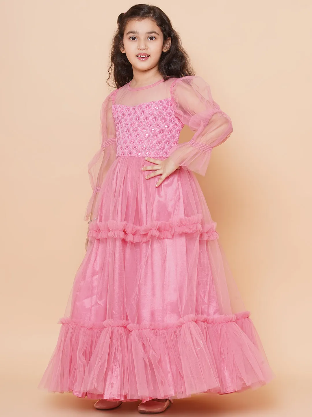 Girls Pink Embroidered Net Fit & Flared Gown Dress