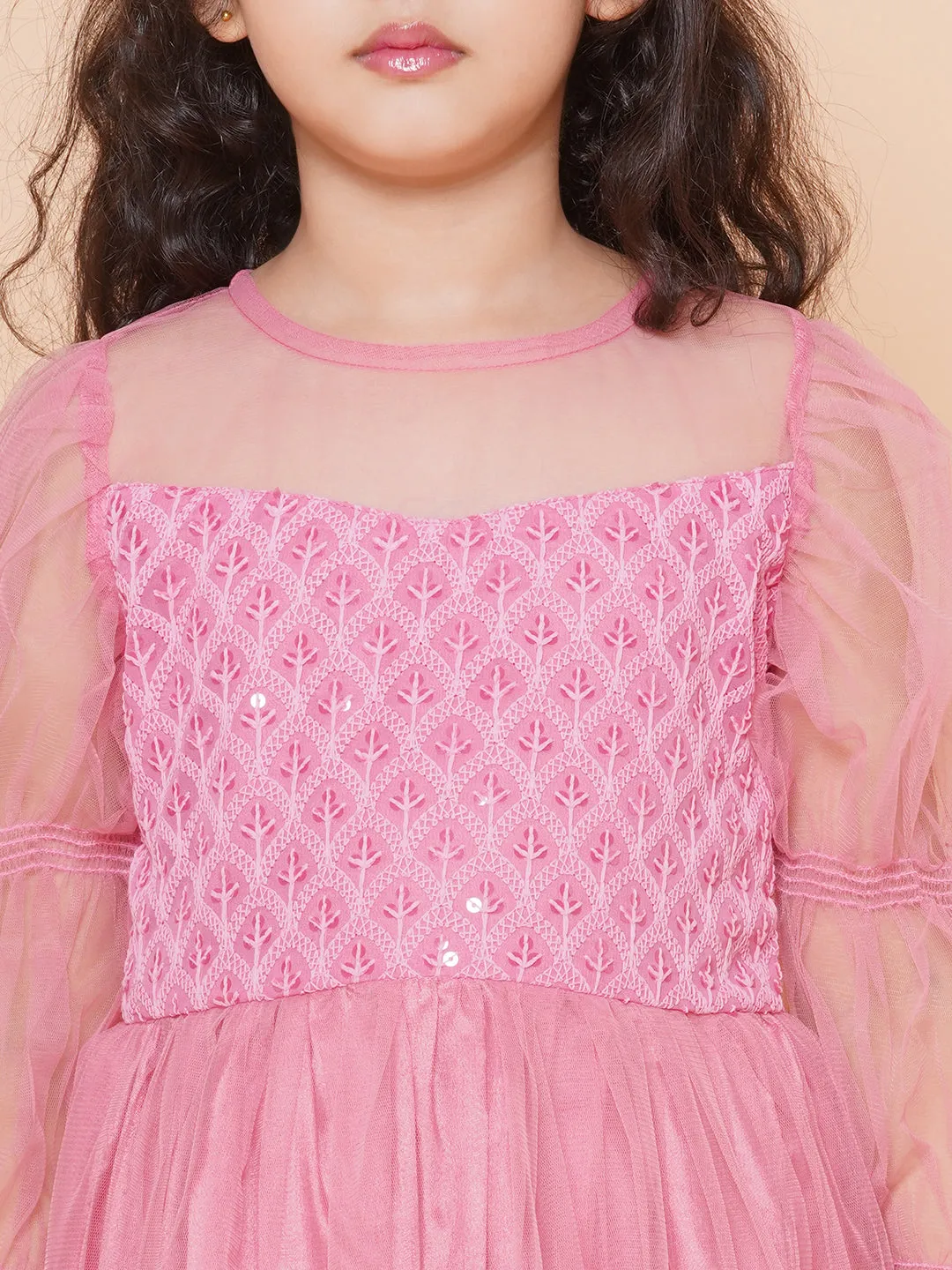 Girls Pink Embroidered Net Fit & Flared Gown Dress