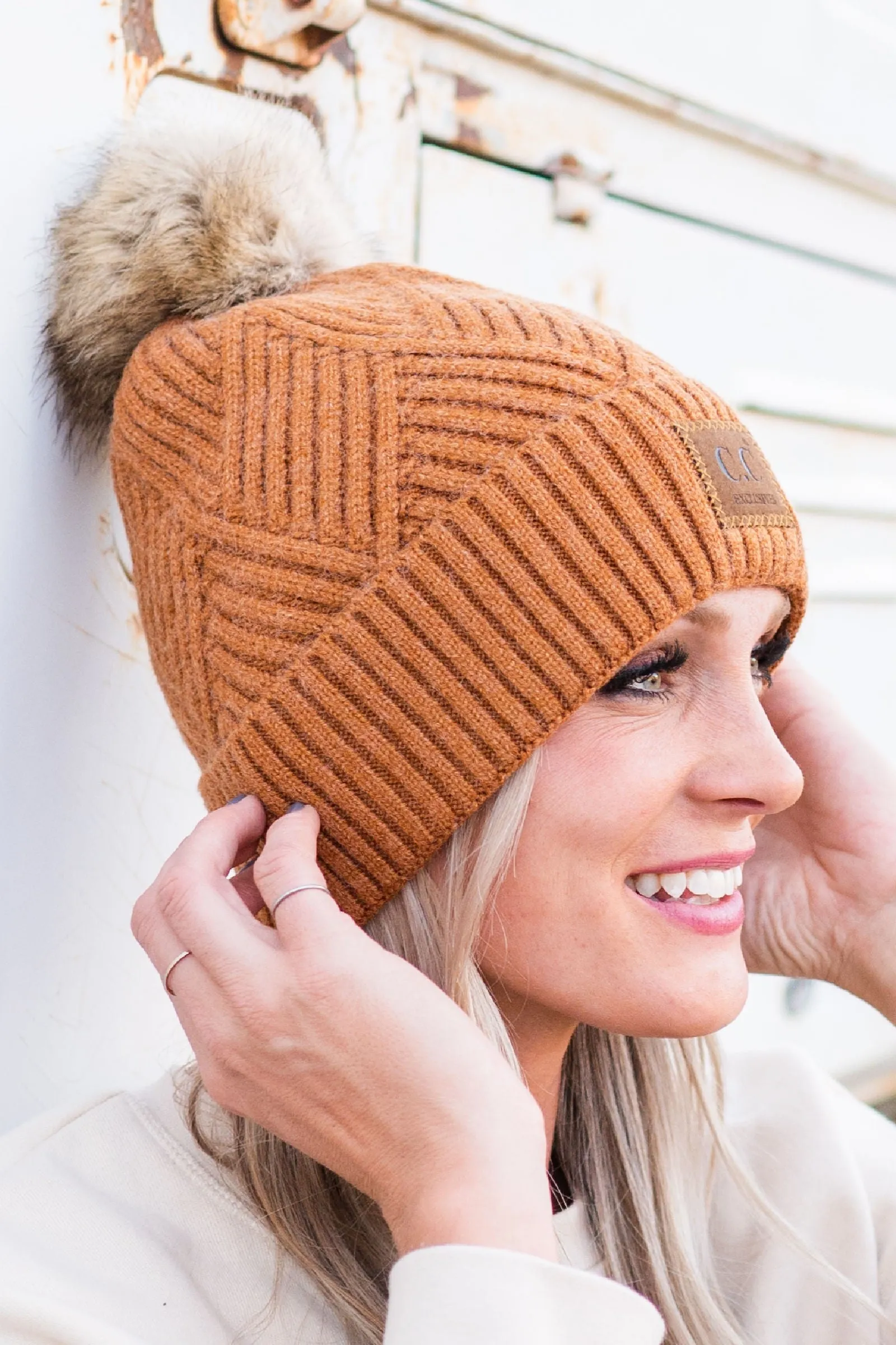 Golden Camel Mix CC Criss Cross Suede Patch Beanie