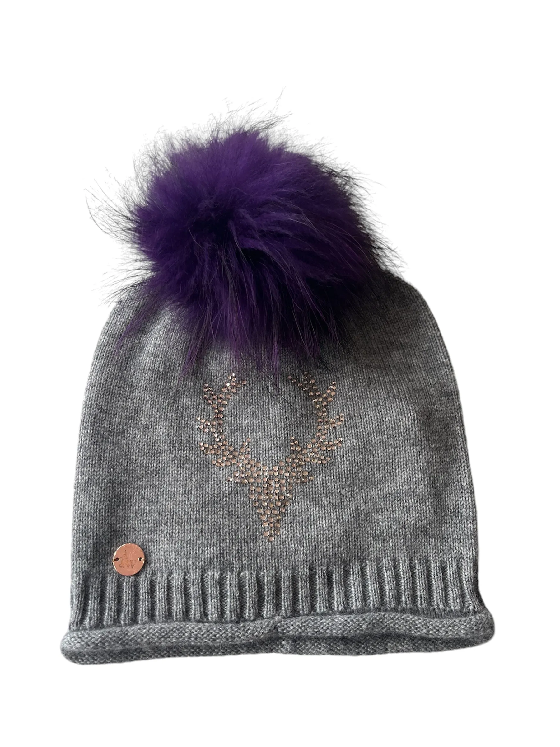 Grey cashmere plain knit beanie with stag embellishment & fur pom