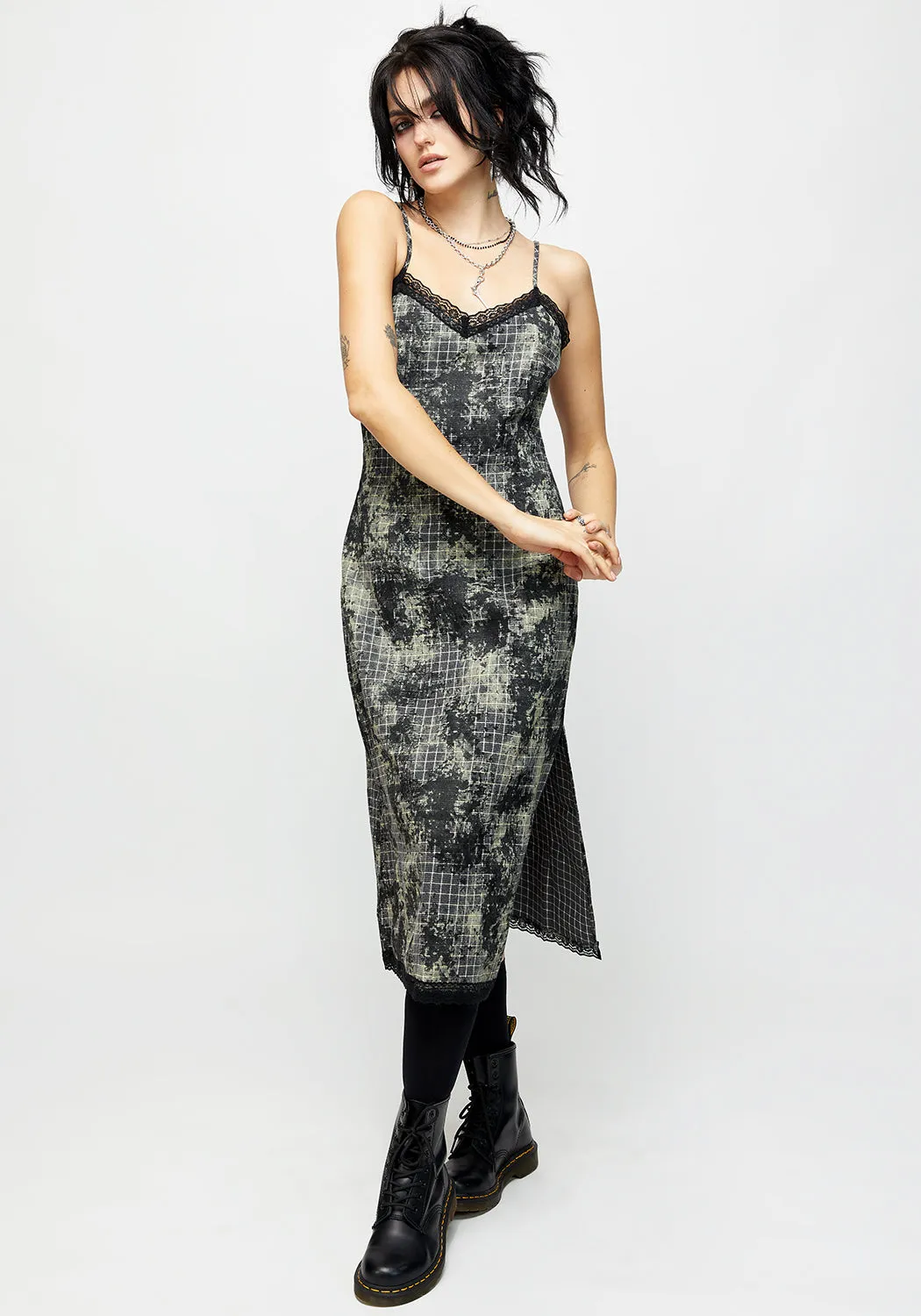 Grime Check Lace Midi Slip Dress