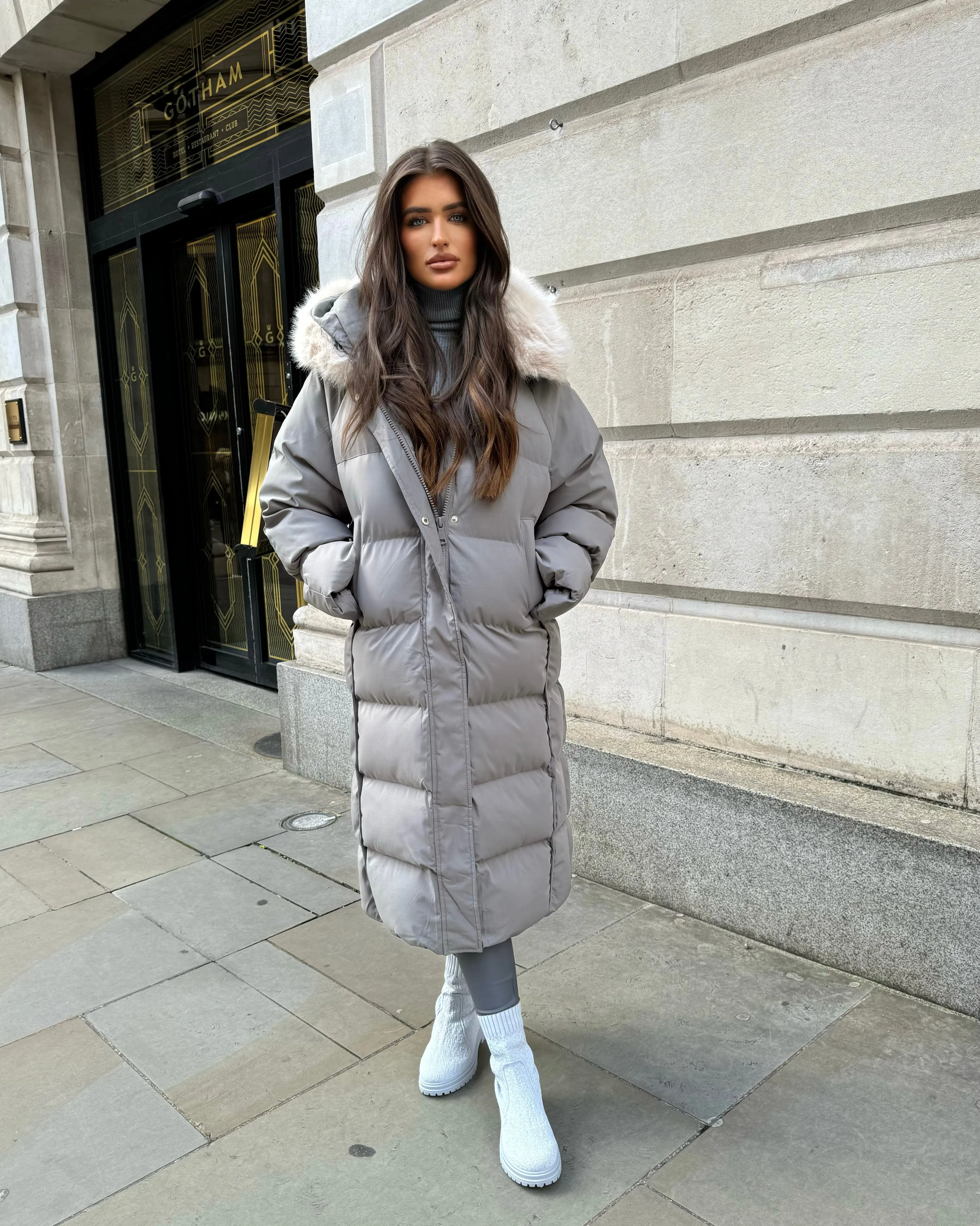 Hallie Padded Coat with Fur Hood  - Grey