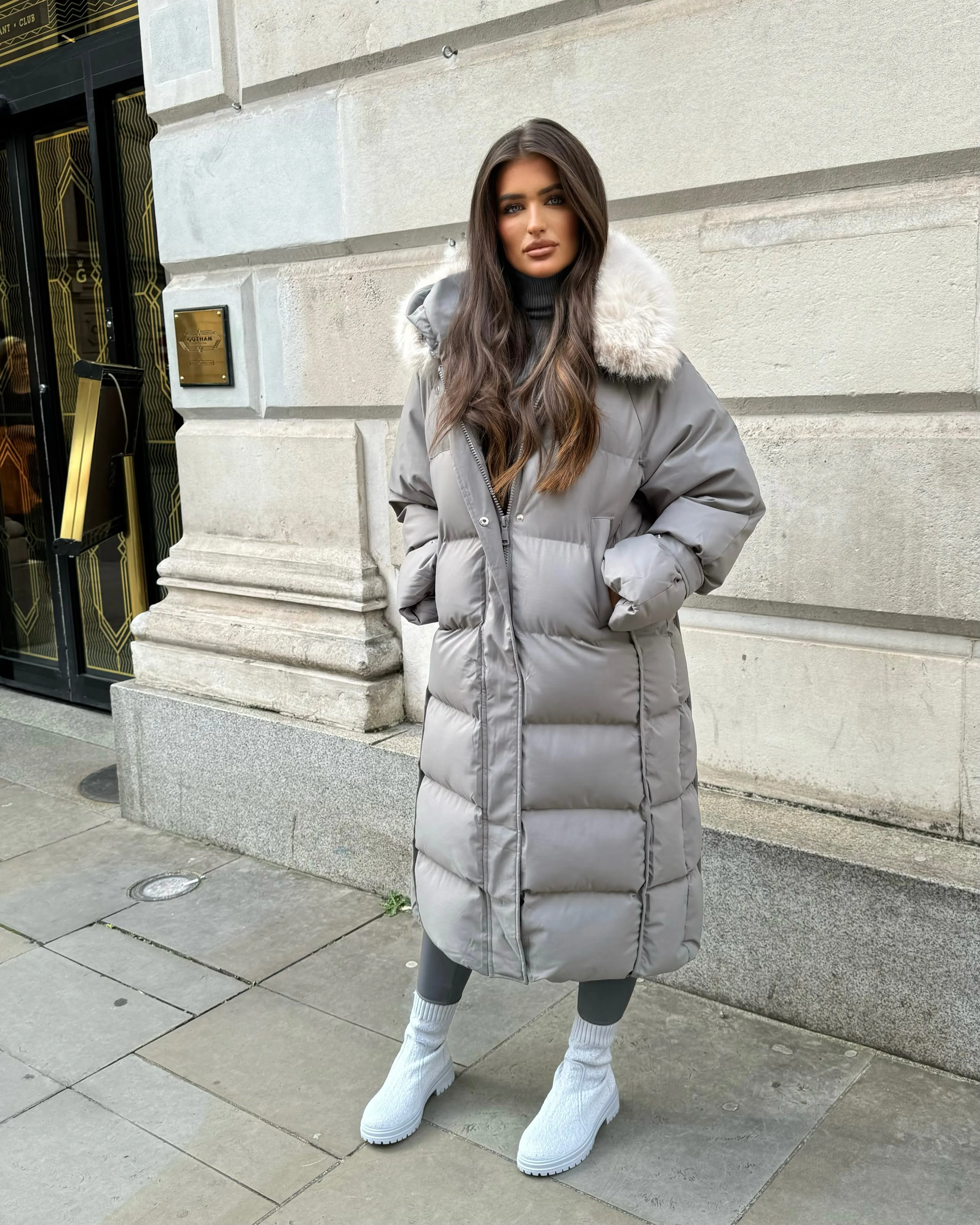 Hallie Padded Coat with Fur Hood  - Grey