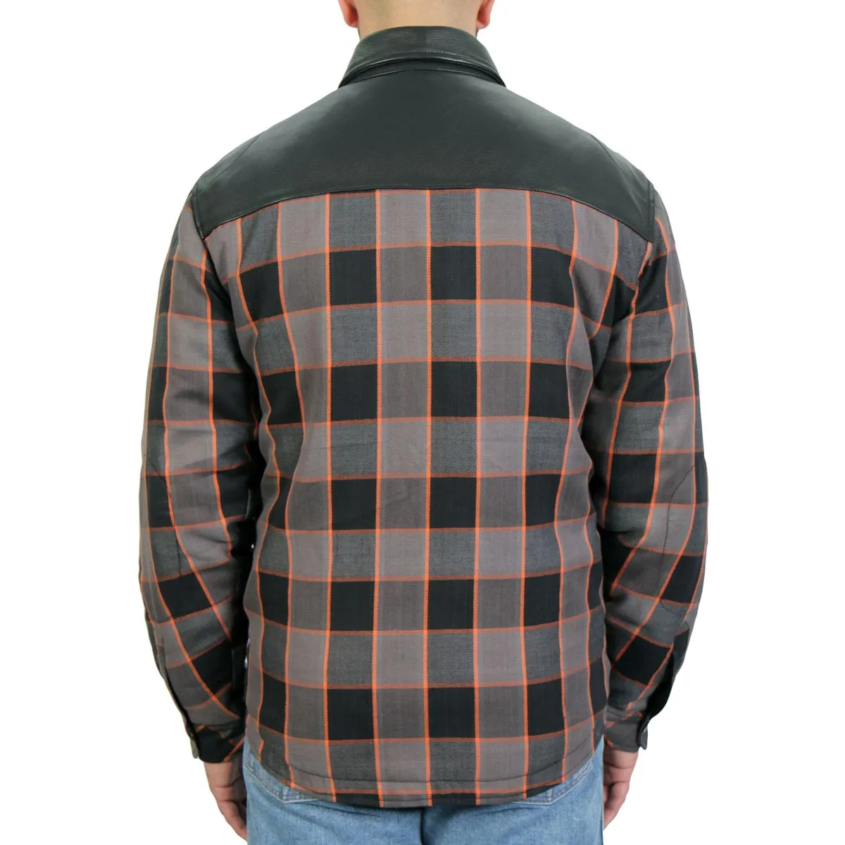 Hot Leathers JKM3202 Men's Grey Black and Orange Kevlar Reinforced Leather and Plaid Flannel Shirt