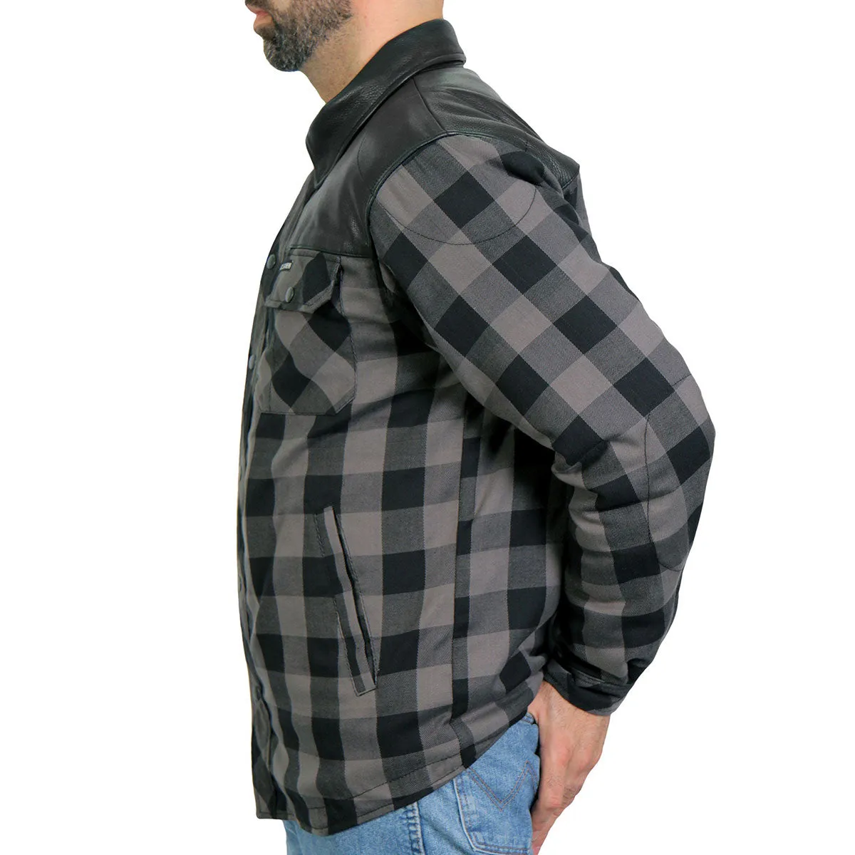 Hot Leathers JKM3203 Men's Grey and Black Kevlar Reinforced Leather and Plaid Flannel Shirt