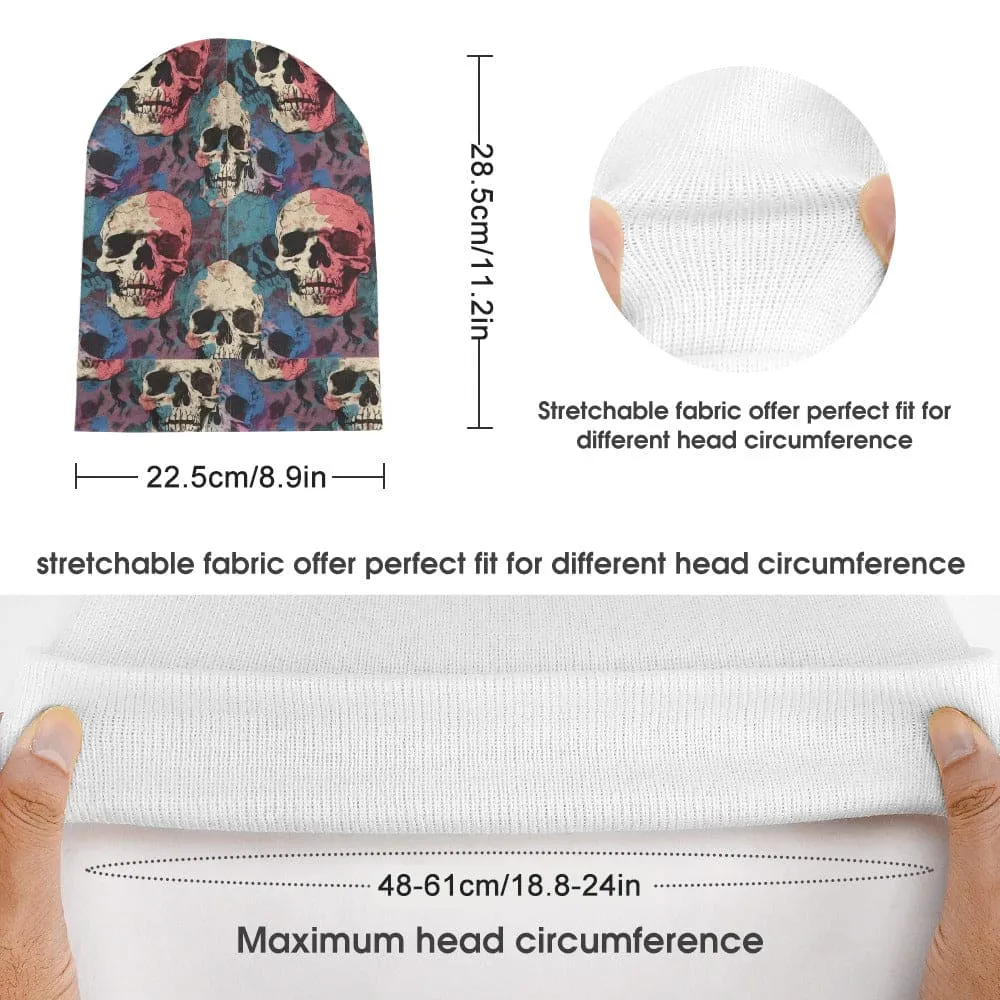 Indulge in the vibrant colors and bold design of our Blue Pink White Skulls Knitted Beanie