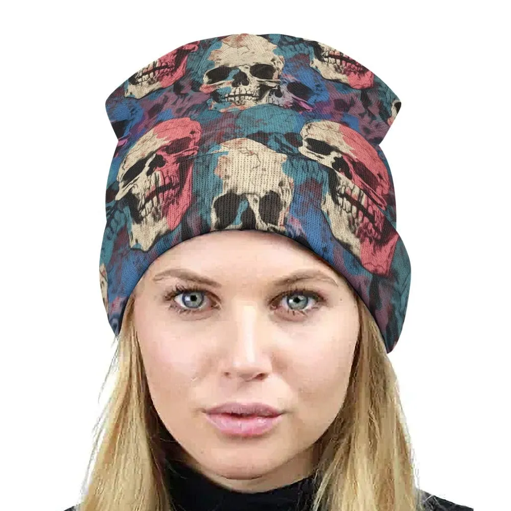 Indulge in the vibrant colors and bold design of our Blue Pink White Skulls Knitted Beanie