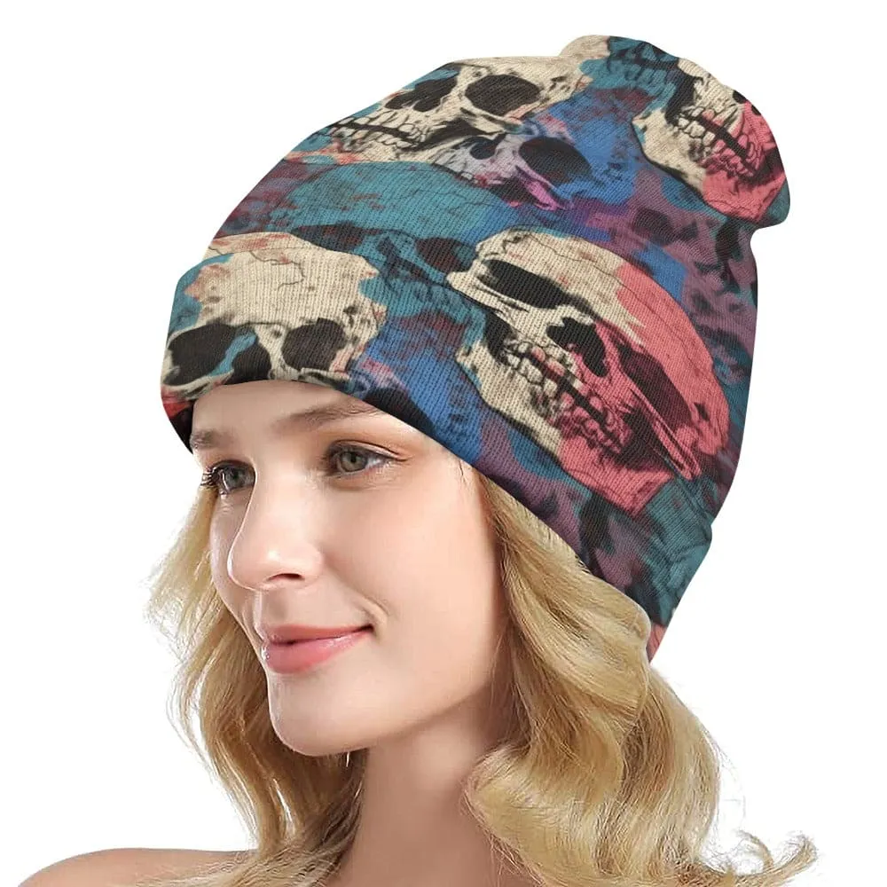 Indulge in the vibrant colors and bold design of our Blue Pink White Skulls Knitted Beanie