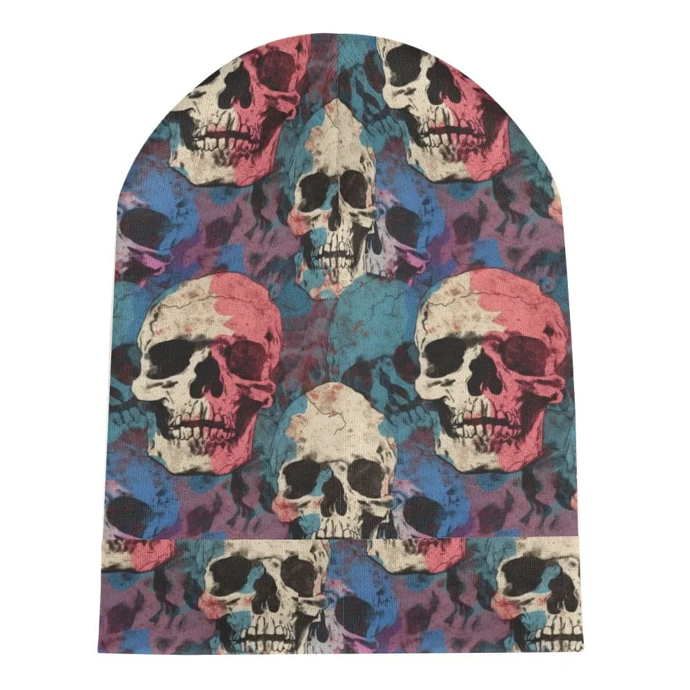 Indulge in the vibrant colors and bold design of our Blue Pink White Skulls Knitted Beanie