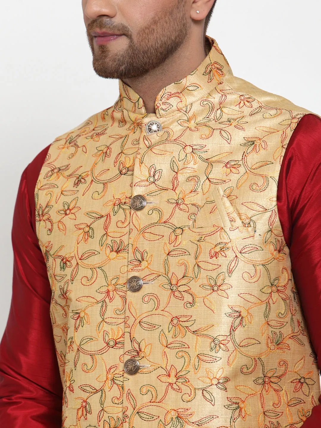 Jashvi Men's Gold Embroidered Nehru Jacket