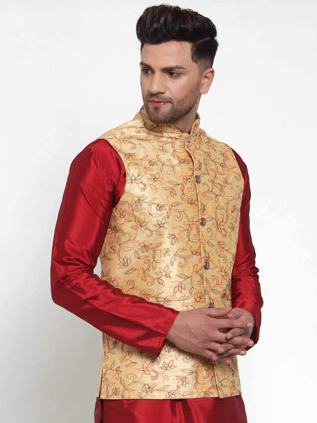 Jashvi Men's Gold Embroidered Nehru Jacket