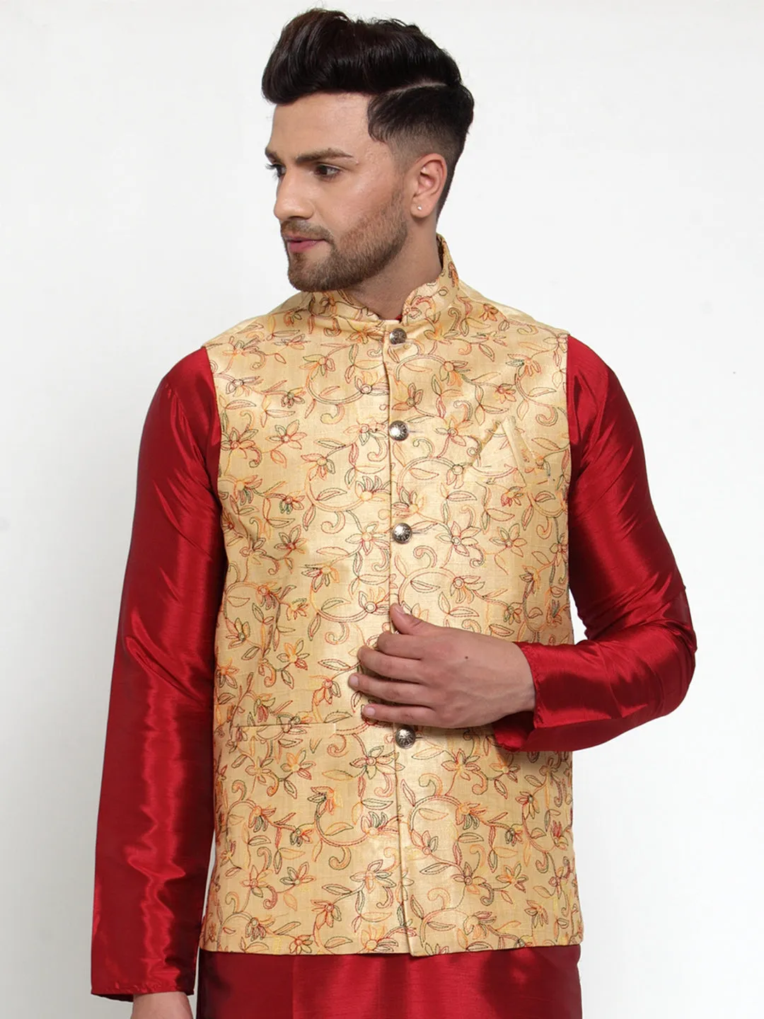 Jashvi Men's Gold Embroidered Nehru Jacket