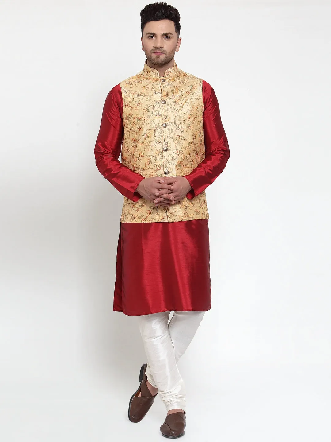 Jashvi Men's Gold Embroidered Nehru Jacket