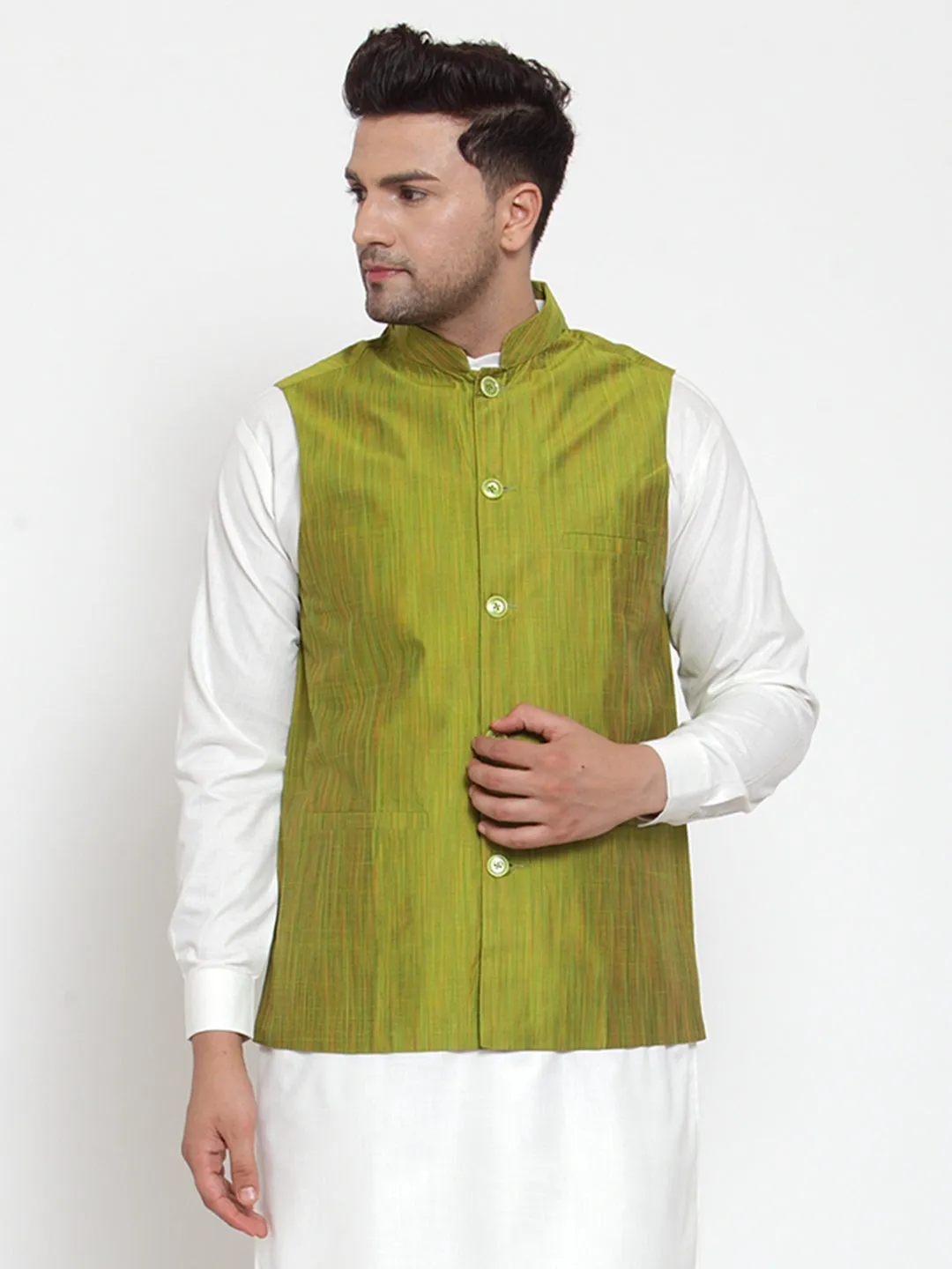 Jashvi Men's Green Woven Design Nehru Jacket