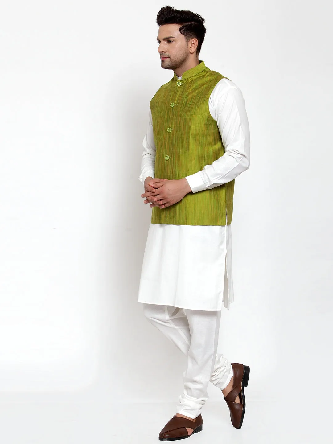 Jashvi Men's Green Woven Design Nehru Jacket