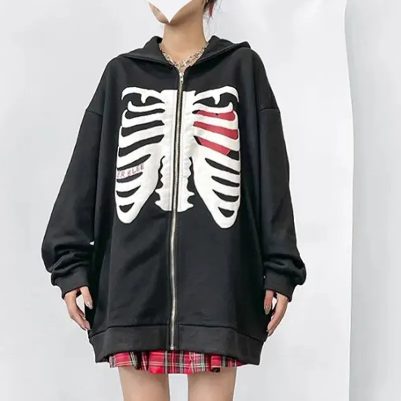 Joskaa Christmas Gift Zip-up Y2K Harajuku Korean Style Loose Skull Print Goth Grunge Long Sleeve Hooded Jacket Solid Color Retro Shirt Student Girltop