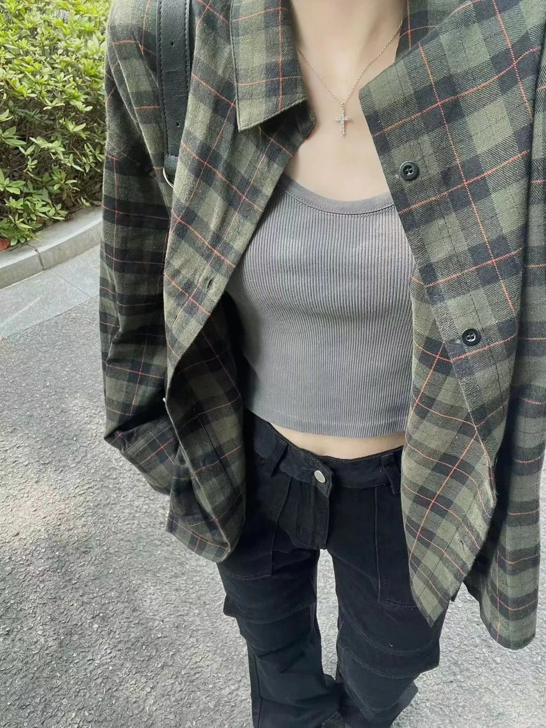 Joskaa grunge outfits Retro Chic Green Plaid Shirt Women's Autumn and Winter Loose Lazy Style Mid-Length Shirt Coat Cardigan Outer Wear