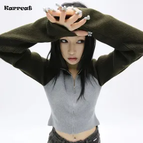 Karrcat Grunge Patchwork Turtleneck Cardigans Vintage Knitted Coat Gothic Harajuku Ribbed Knitwear Korean Fashion Streetwear Y2k