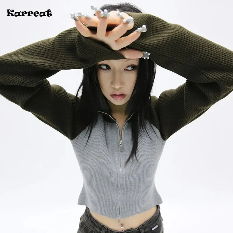 Karrcat Grunge Patchwork Turtleneck Cardigans Vintage Knitted Coat Gothic Harajuku Ribbed Knitwear Korean Fashion Streetwear Y2k