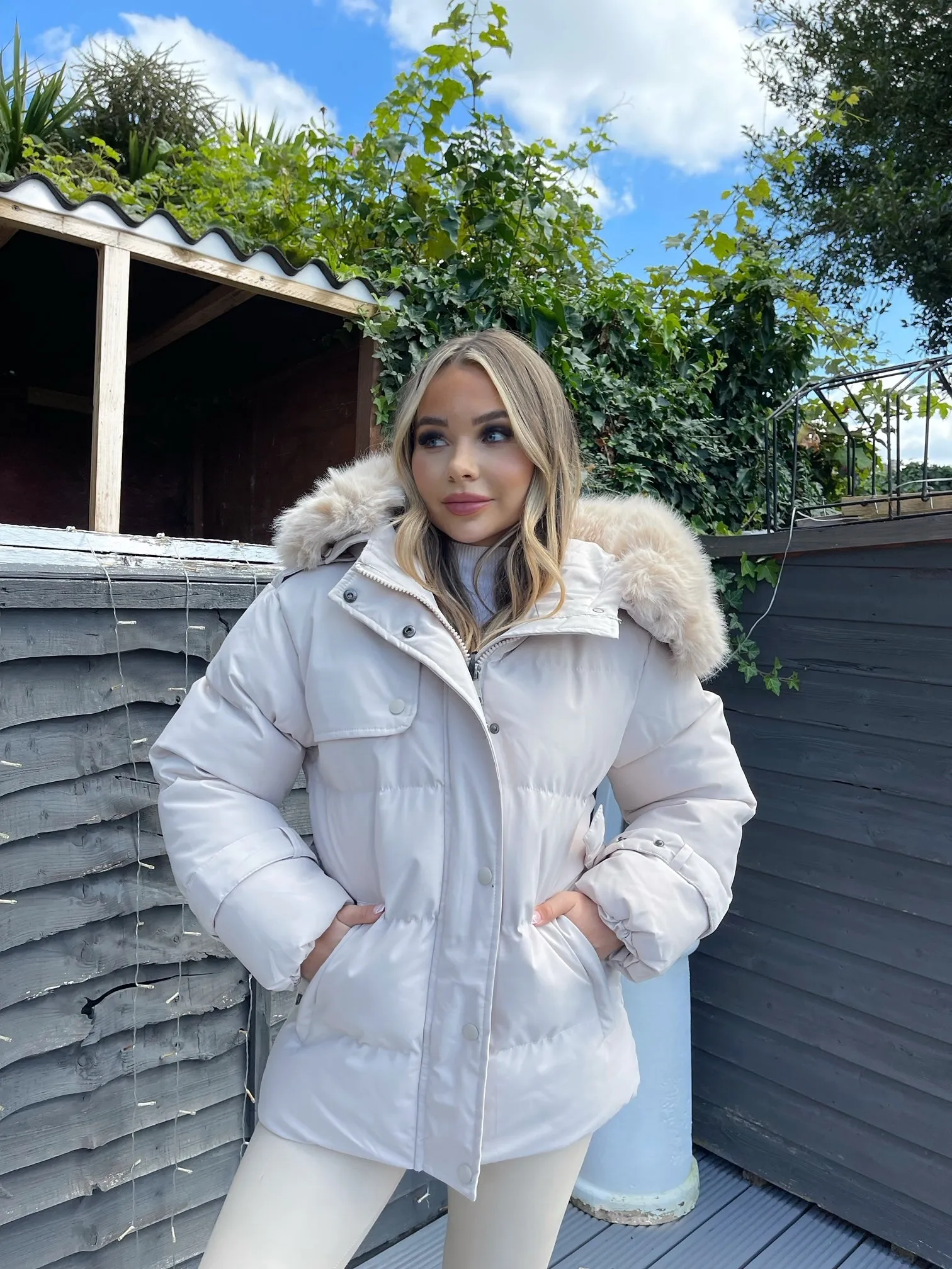 Kelsey Padded Faux Fur Hooded Coat - Beige