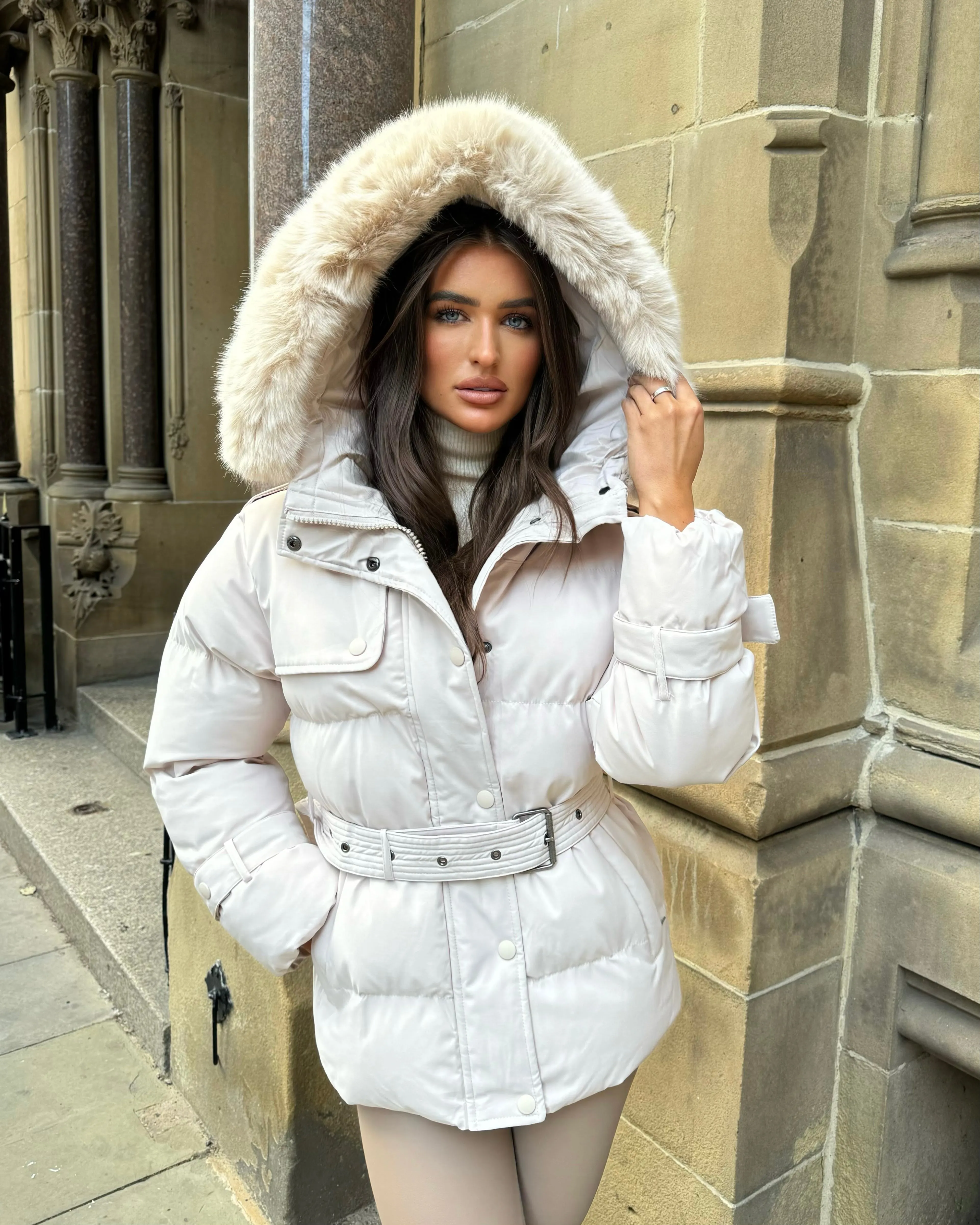 Kelsey Padded Faux Fur Hooded Coat - Beige