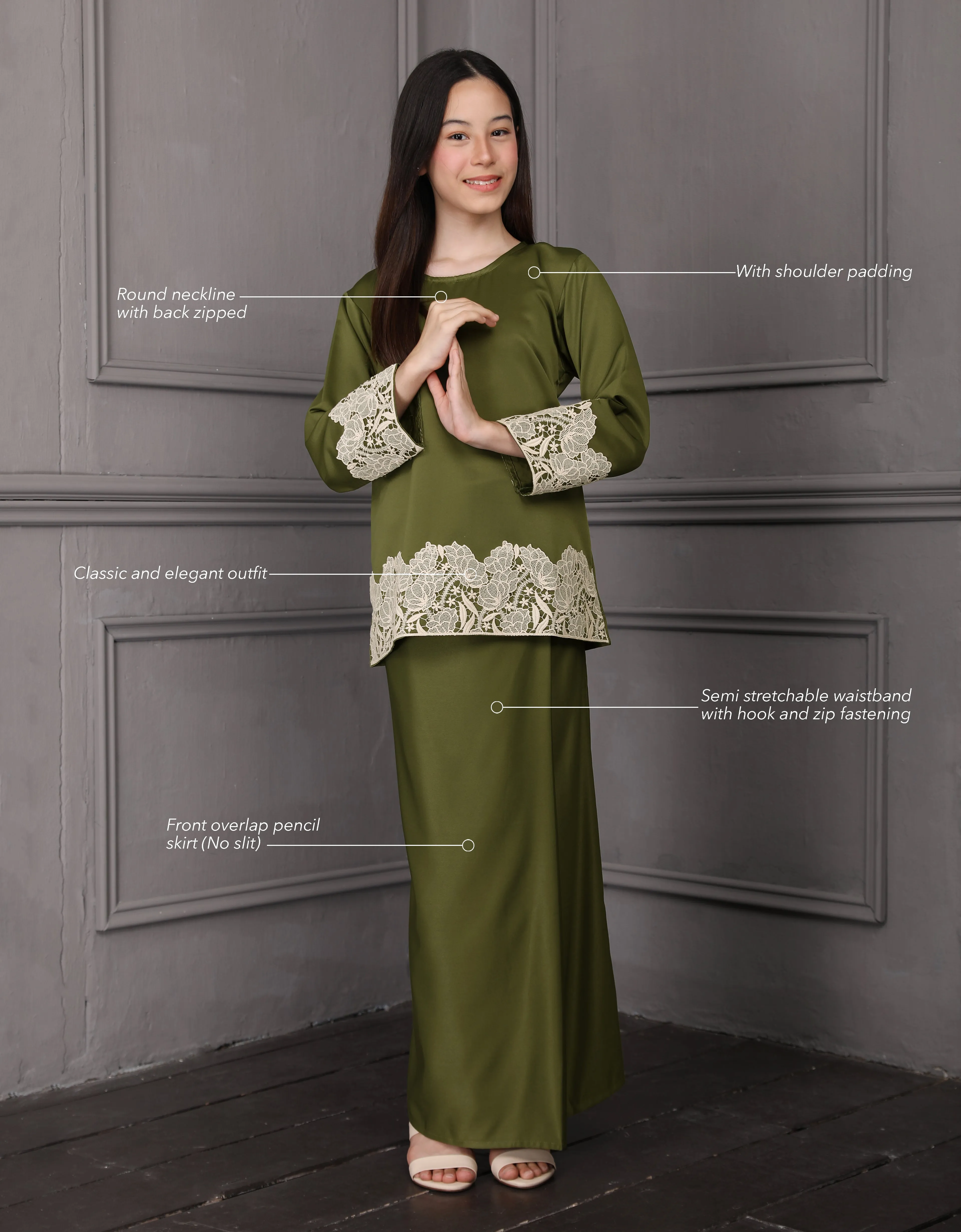 KIDS BAJU KURUNG KEDAH JULYA (OLIVE)