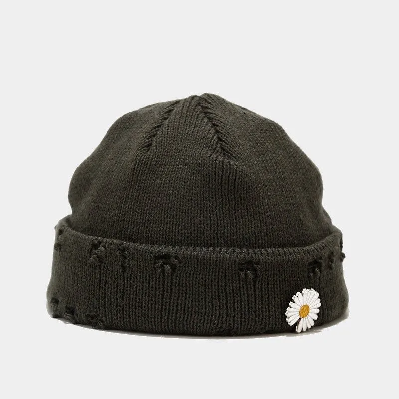 Knitted Winter Beanie Hats with Safety Pin and Daisy Flower Decor