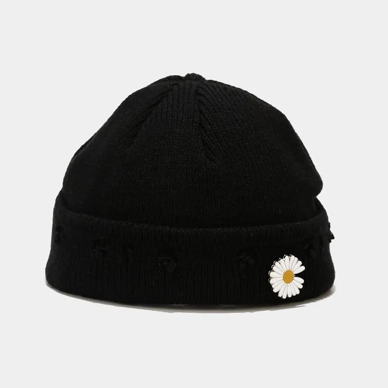 Knitted Winter Beanie Hats with Safety Pin and Daisy Flower Decor