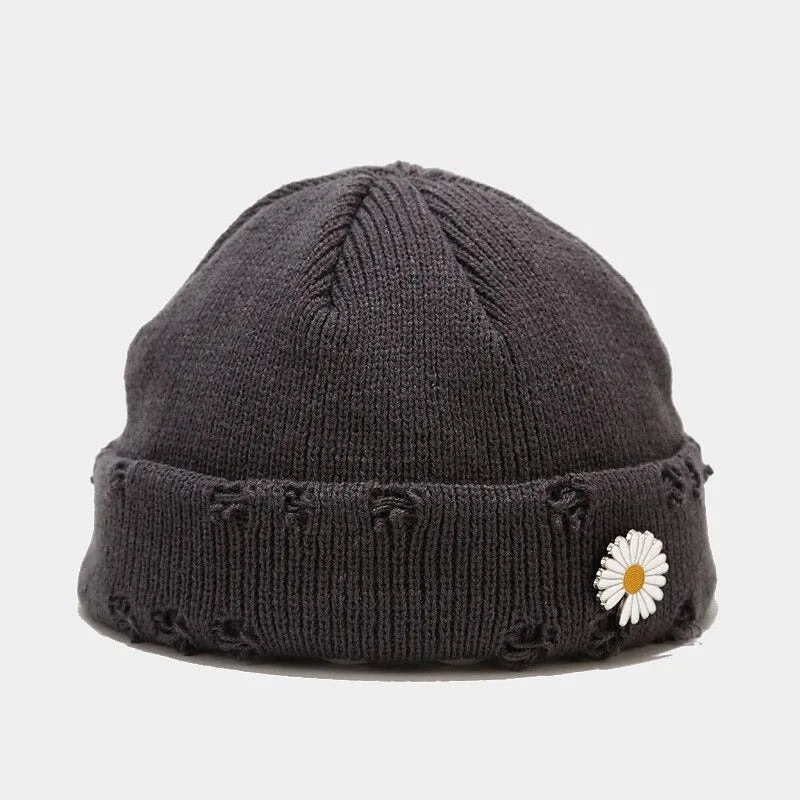 Knitted Winter Beanie Hats with Safety Pin and Daisy Flower Decor