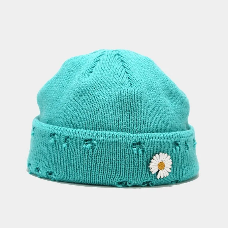 Knitted Winter Beanie Hats with Safety Pin and Daisy Flower Decor