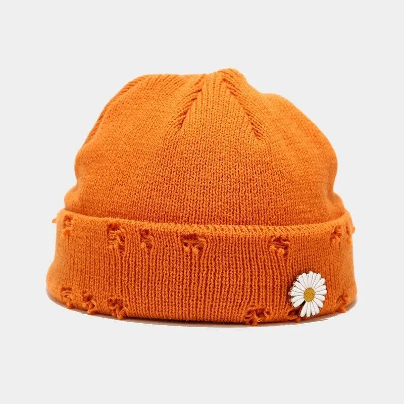 Knitted Winter Beanie Hats with Safety Pin and Daisy Flower Decor