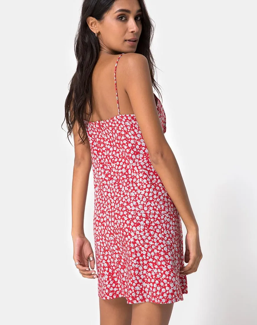 Kumala Slip Dress in Ditsy Rose Red and Silver