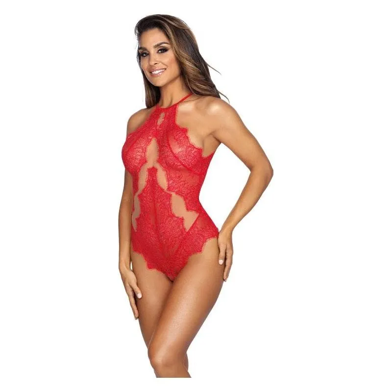 Lace Halter Neck Bodysuit Red