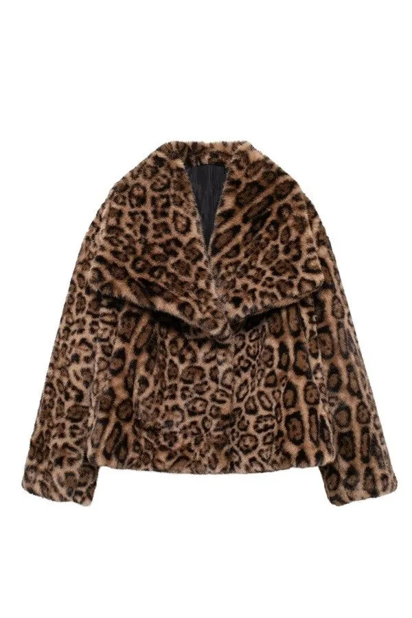 Leopard V-Neck Faux Fur Coat