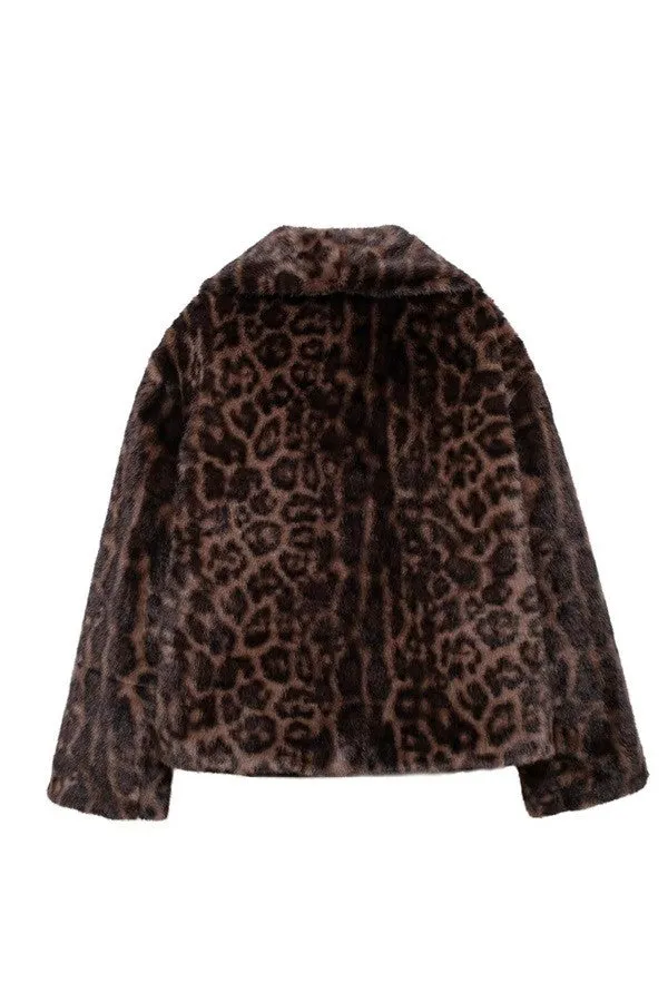 Leopard V-Neck Faux Fur Coat