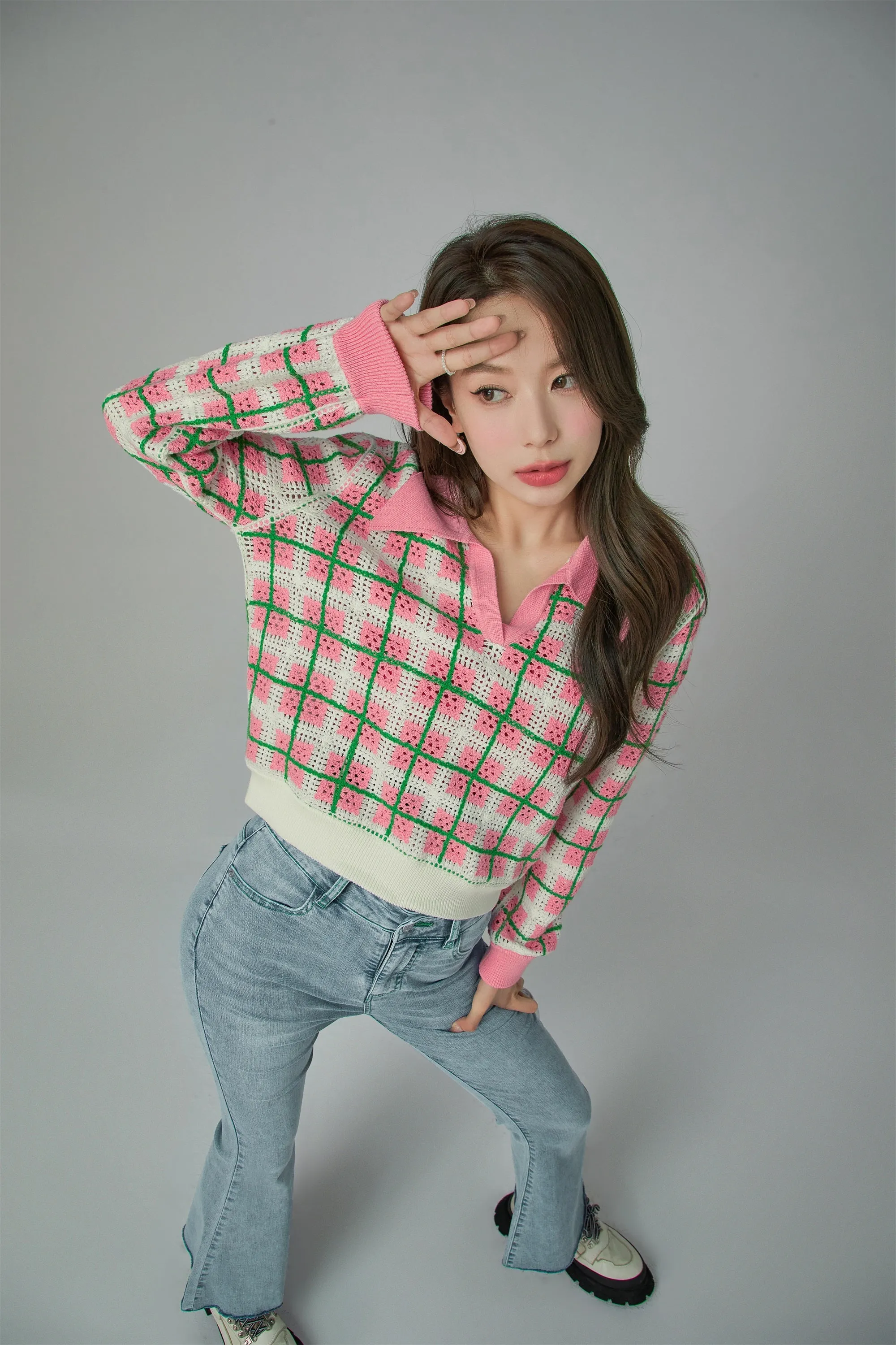 Lovely Check Crochet Polo Sweater