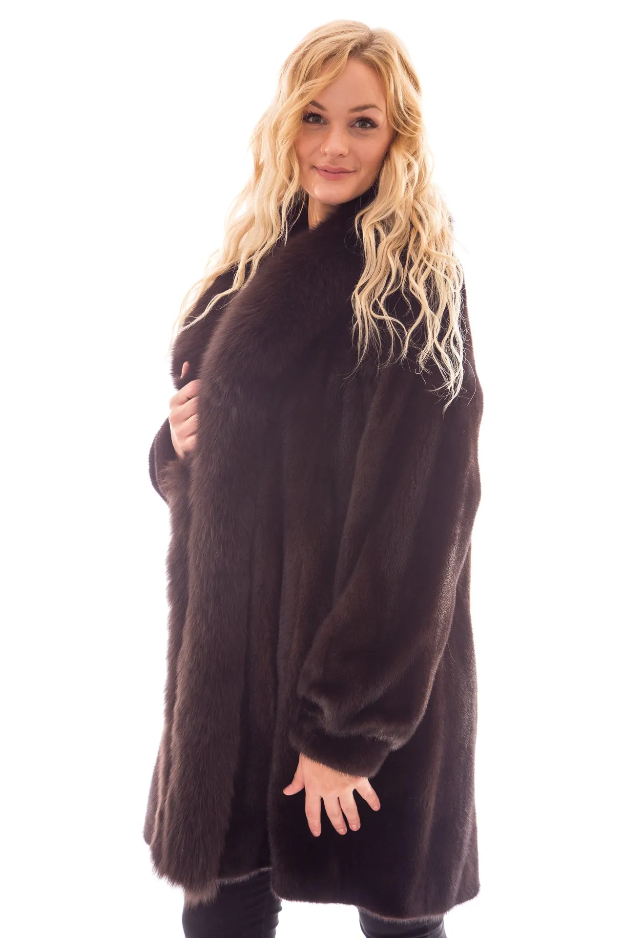 Mahogany Mink 3/4 Coat with Fox Tuxedo