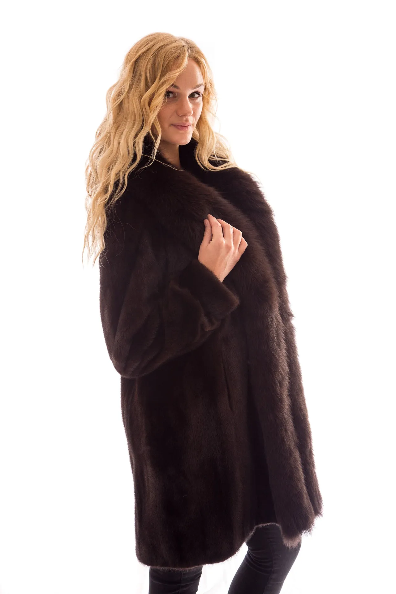 Mahogany Mink 3/4 Coat with Fox Tuxedo