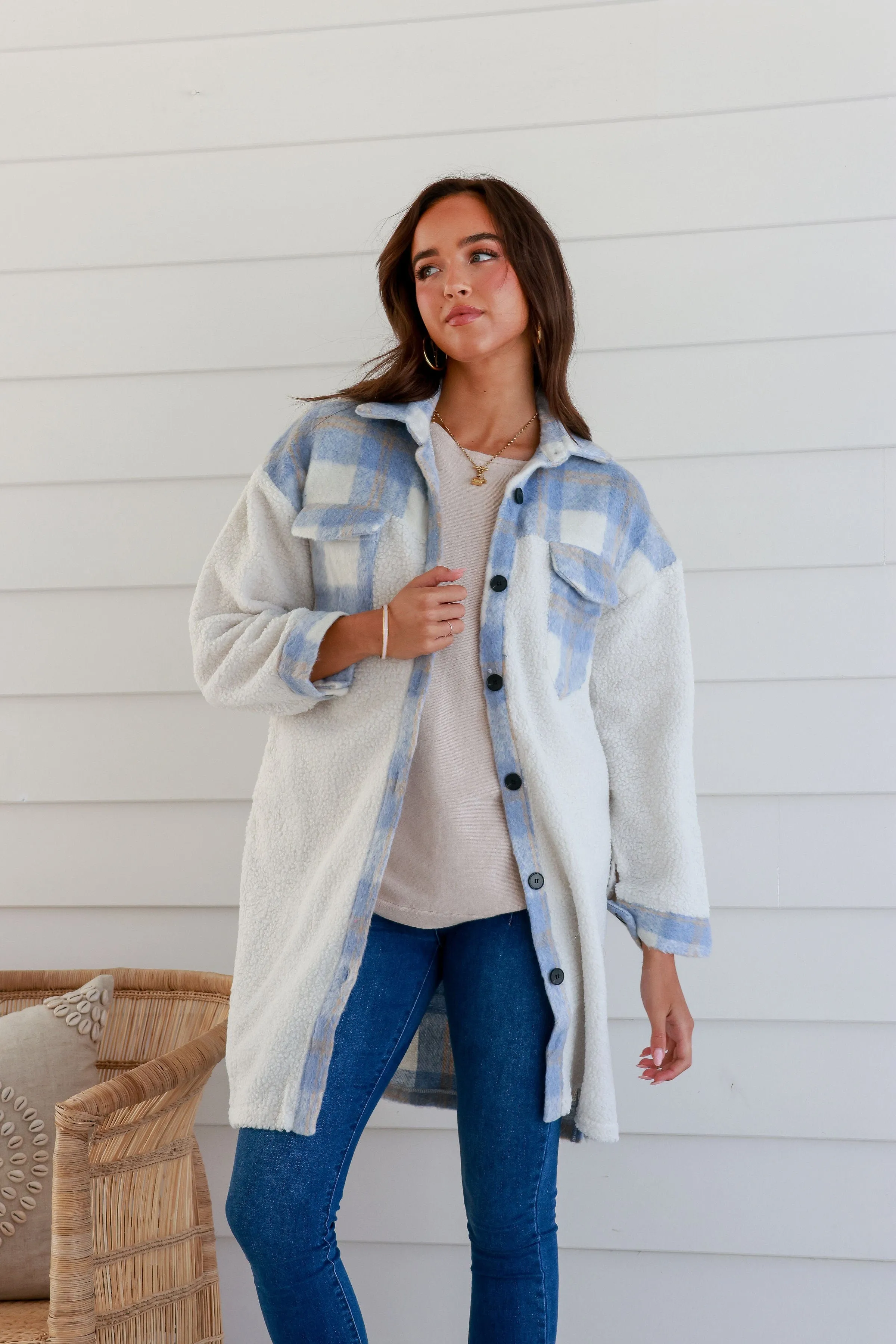 Maple Check Long Shacket - Blue