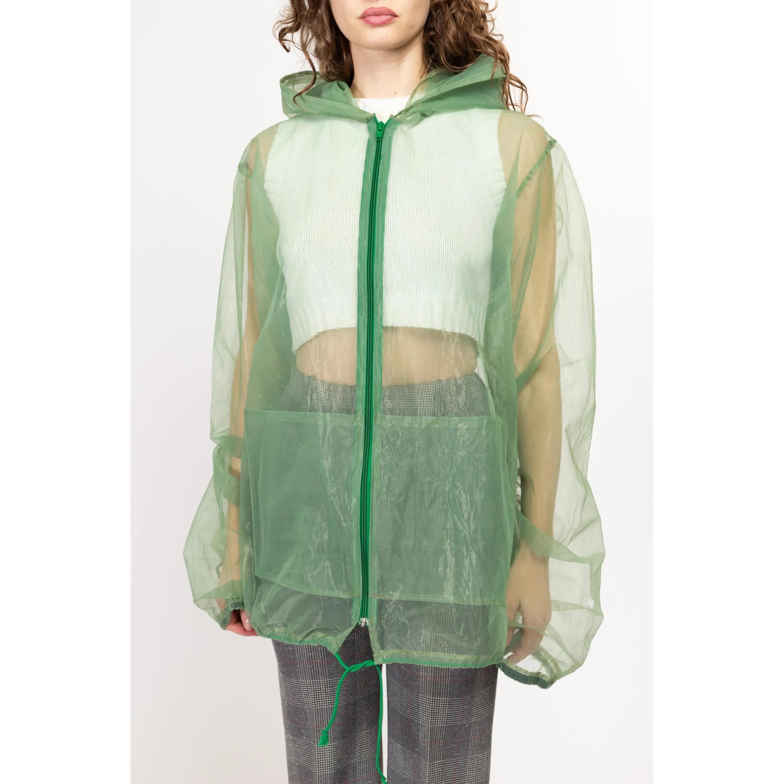 Med-XL 80s Sheer Green Mesh Hooded Jacket