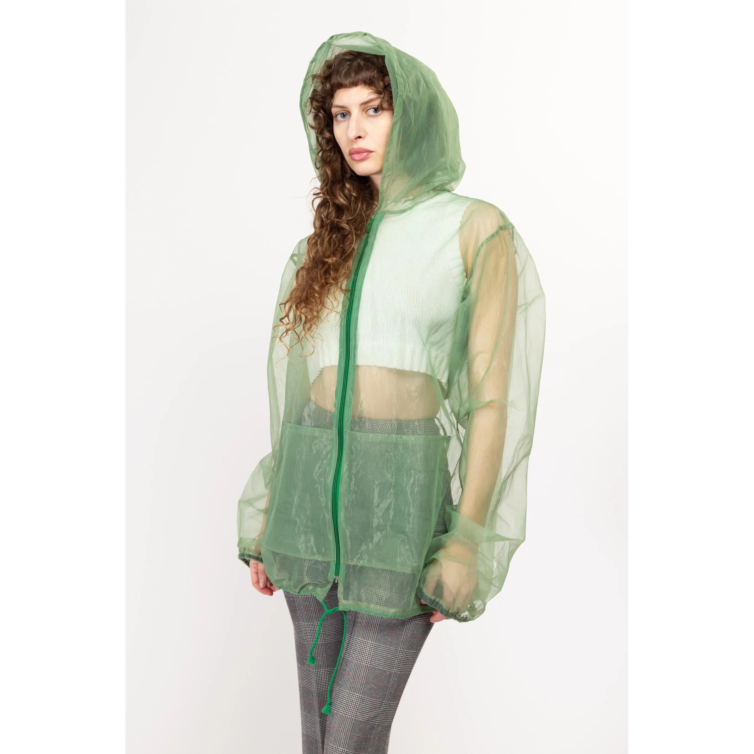 Med-XL 80s Sheer Green Mesh Hooded Jacket