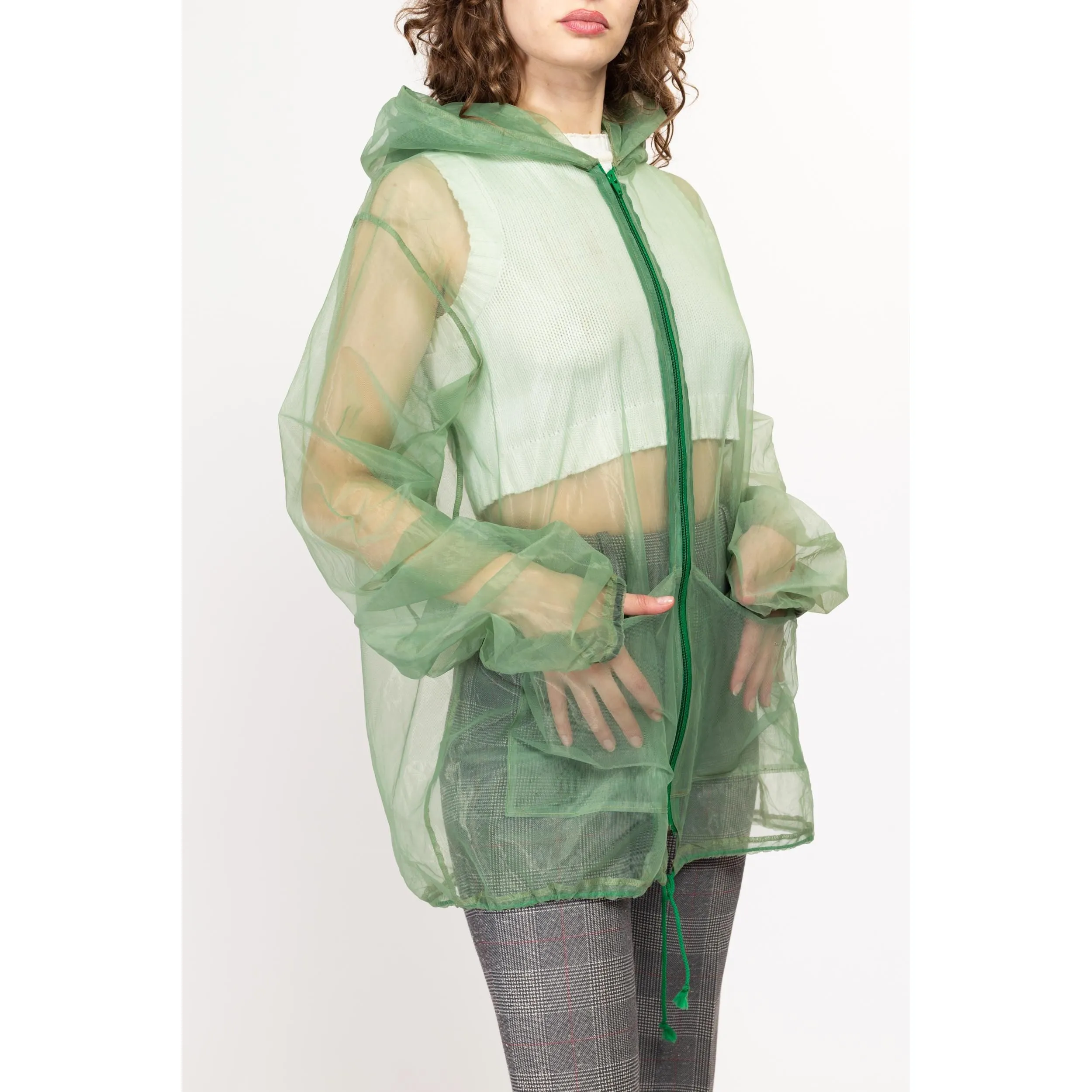 Med-XL 80s Sheer Green Mesh Hooded Jacket