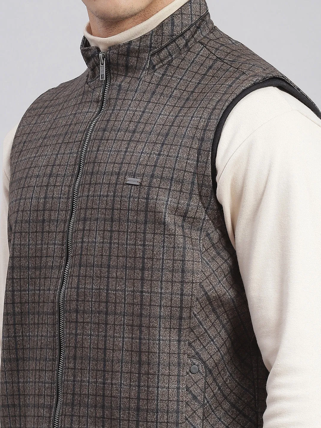 Men Brown Check Stand Collar Sleeveless Jackets