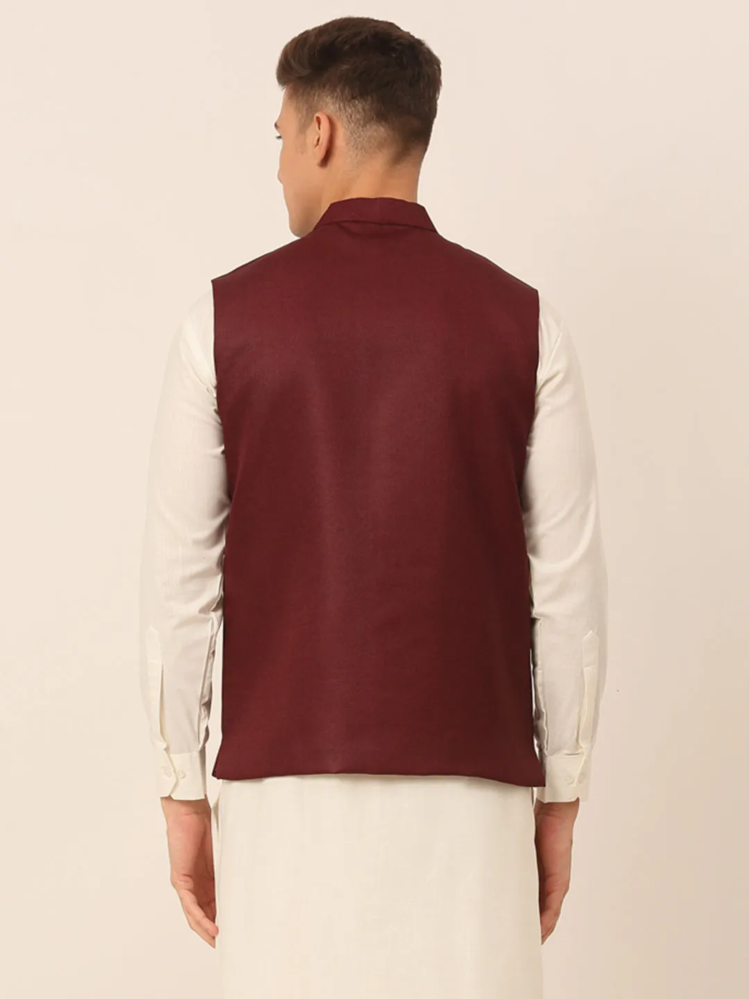 Men Maroon Solid Woven Sleeveless Nehru Jackets