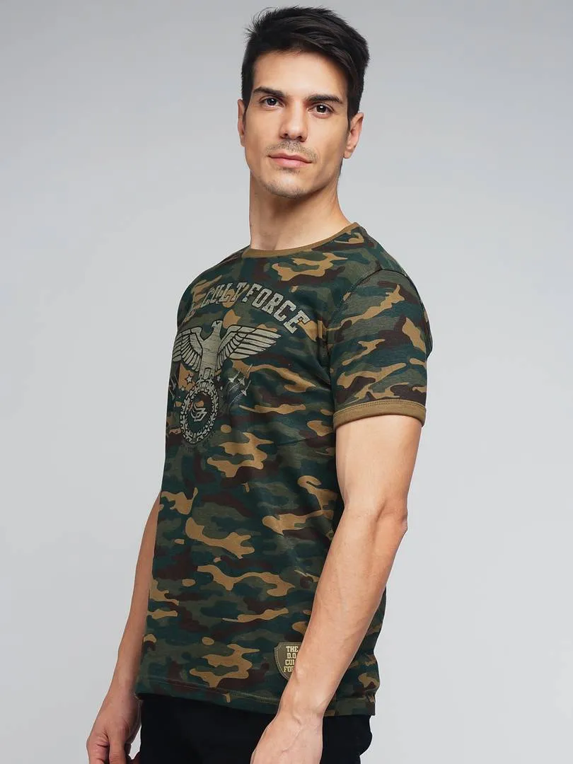 Men Multicoloured Cotton Half Sleeves Camo Printed Round Neck Tees