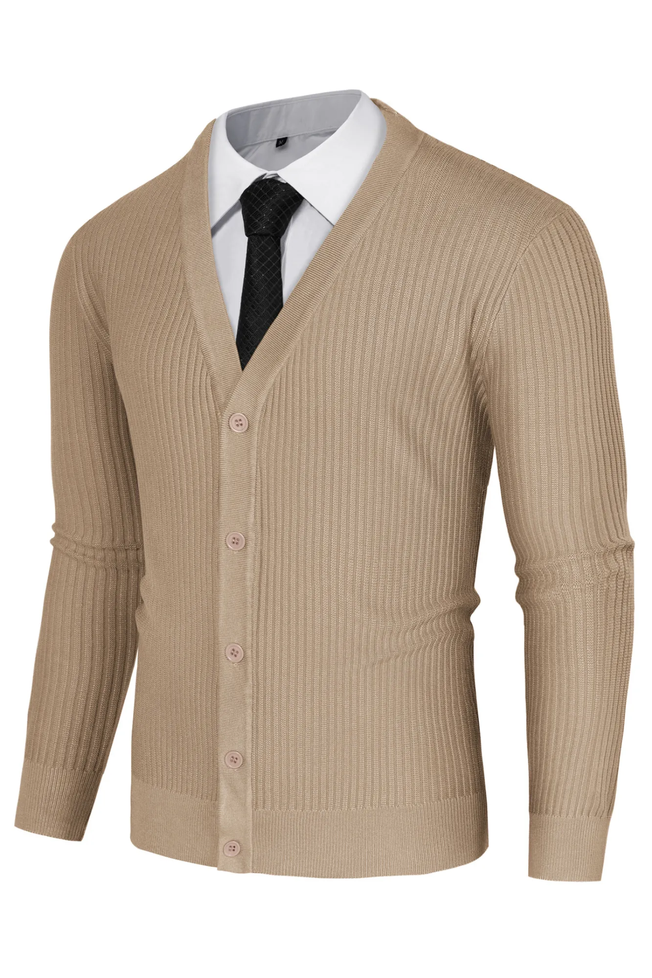 Men Ribbed Knitted Cardigan Long Sleeve V-Neck Button-up Sweater Knitwear