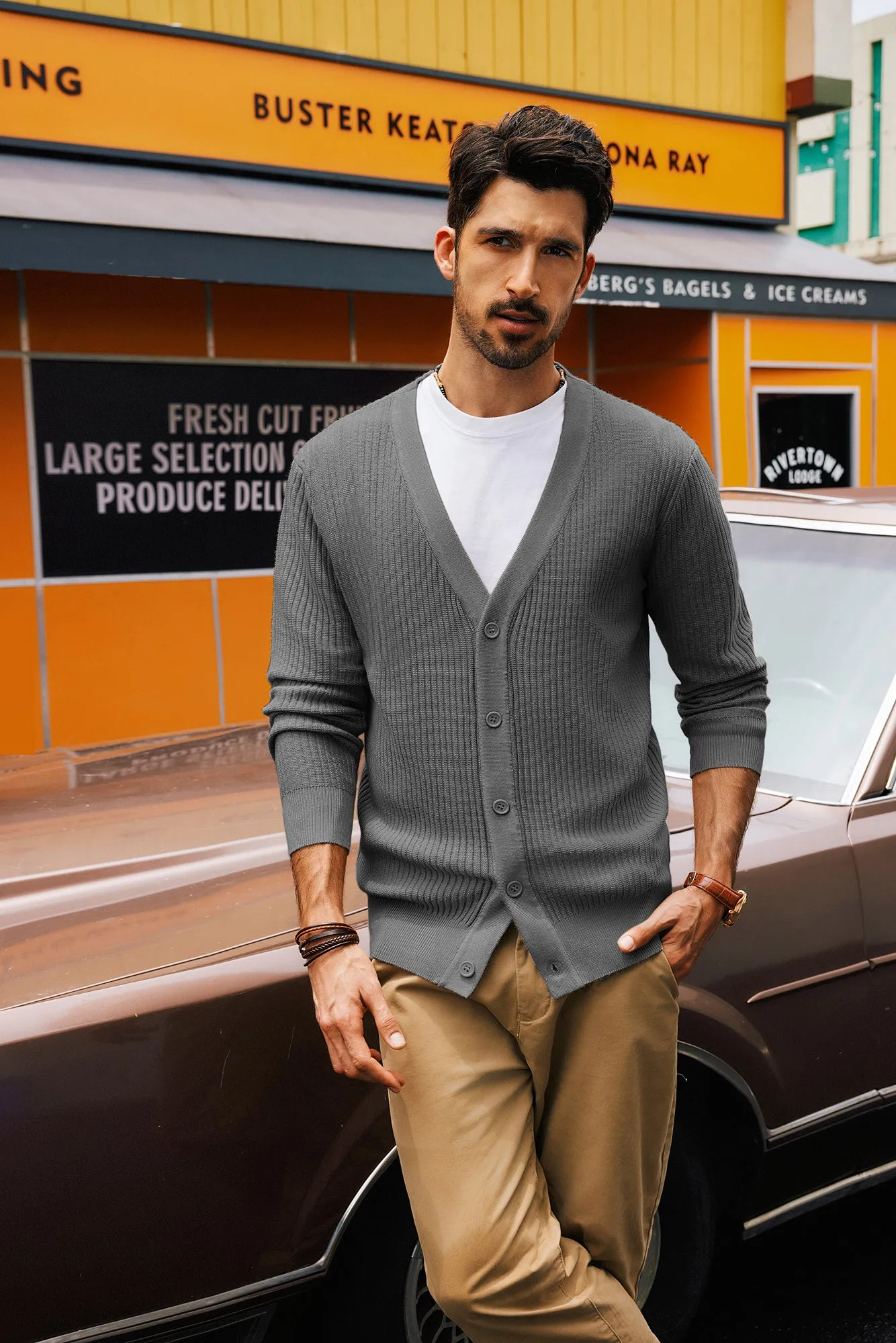 Men Ribbed Knitted Cardigan Long Sleeve V-Neck Button-up Sweater Knitwear