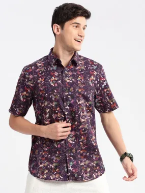 Men Spread Collar Abstract Purple Casual Shirt