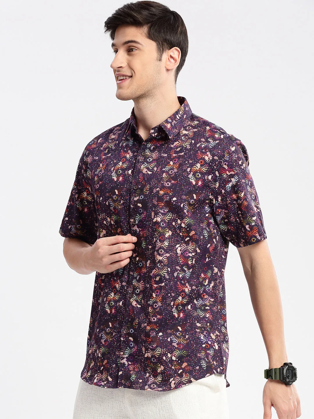 Men Spread Collar Abstract Purple Casual Shirt